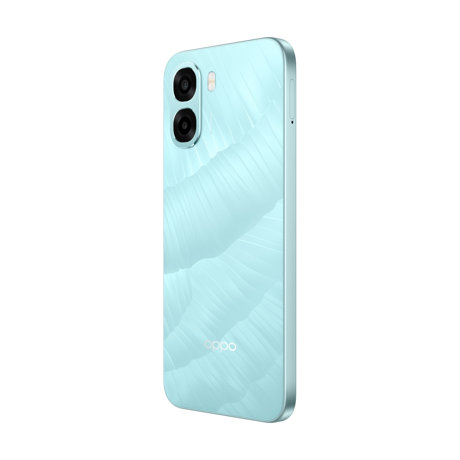 Uno smartphone azzurro con due fotocamere e un motivo in rilievo.