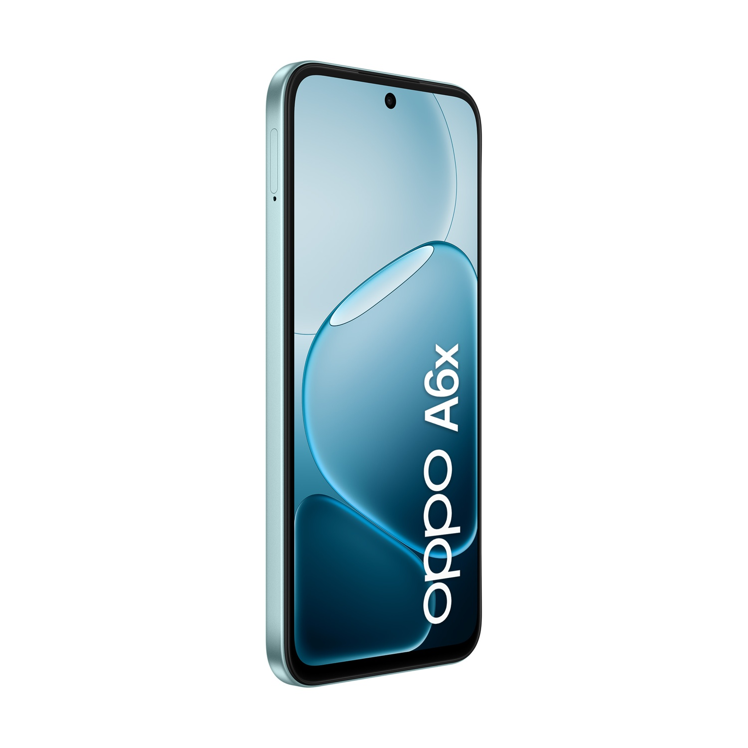 Uno smartphone Oppo A6x azzurro con motivo a onde blu sullo schermo.