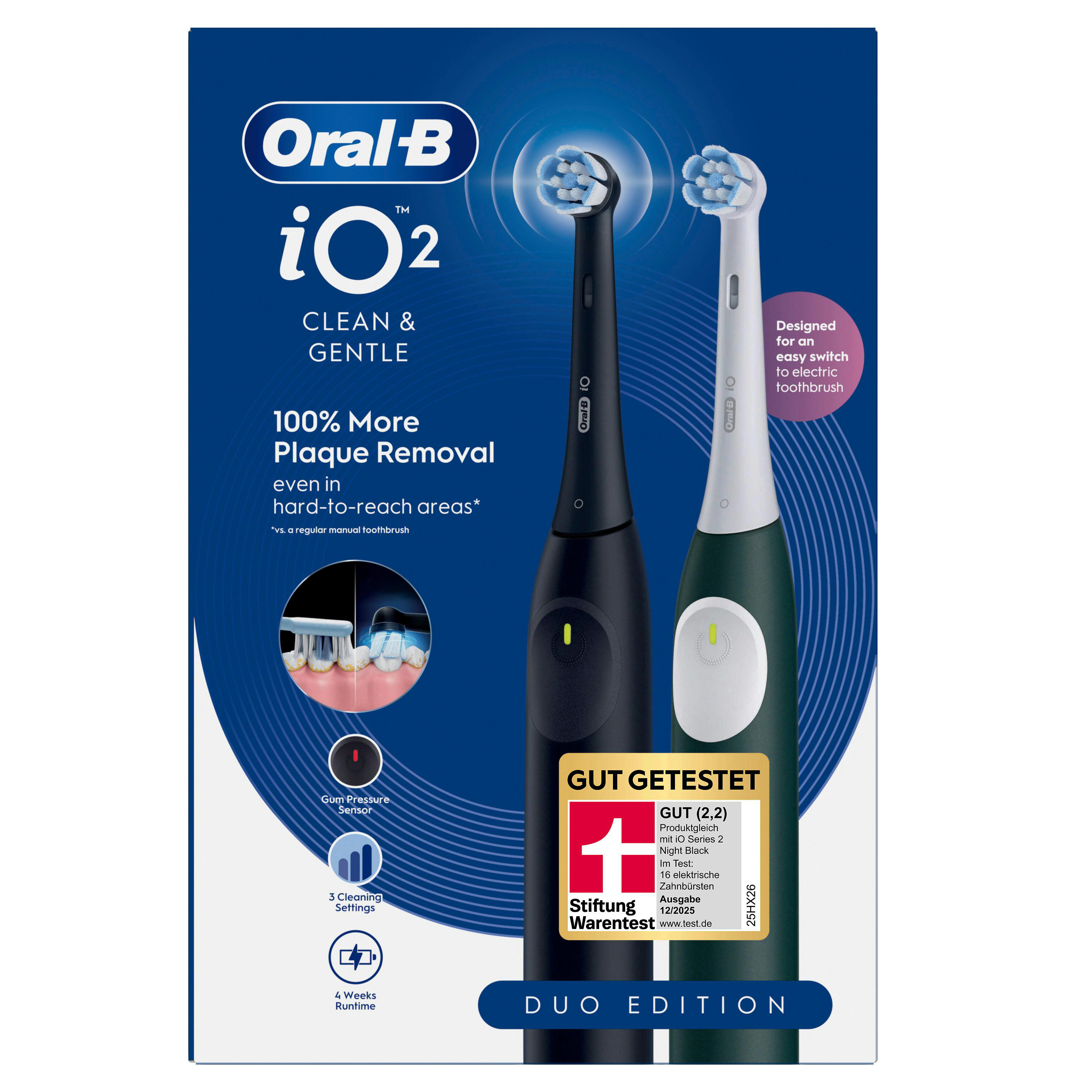 Oral-B iO2 Duo Edition elektrische Zahnbürsten: schwarz und grün, mit Siegel.