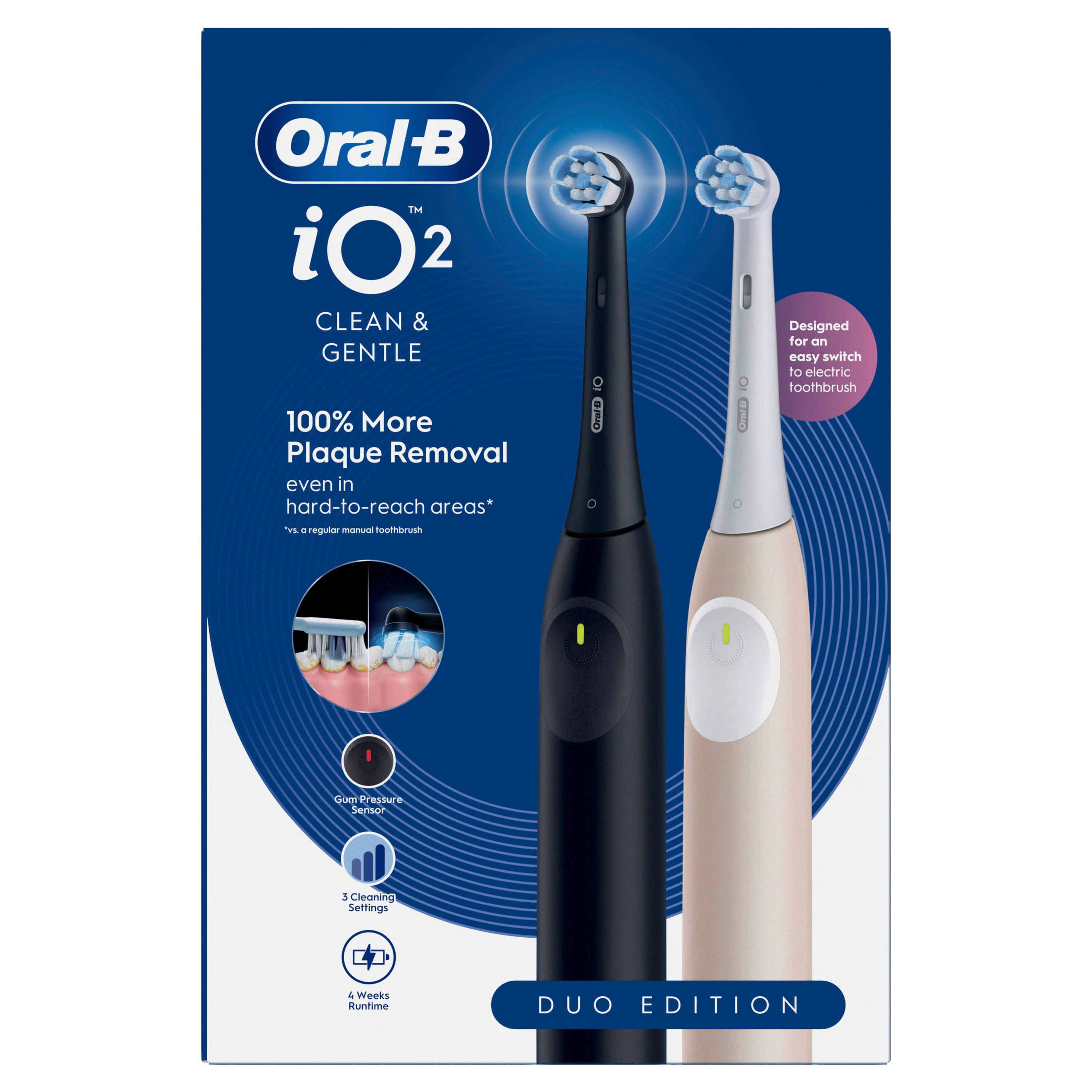 Zwei Oral-B iO2 elektrische Zahnbürsten: eine schwarz, eine weiß. Mit Text und Symbolen.