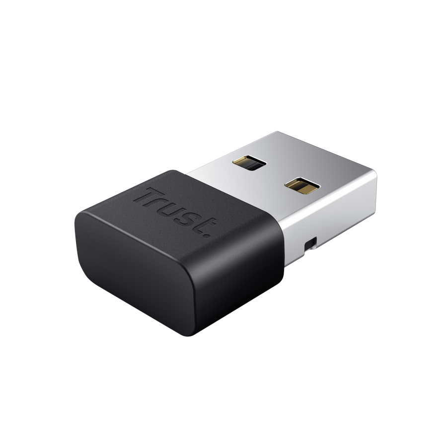Kompakt, fekete USB-kulcs ezüst csatlakozóval és "Trust."-felirattal.