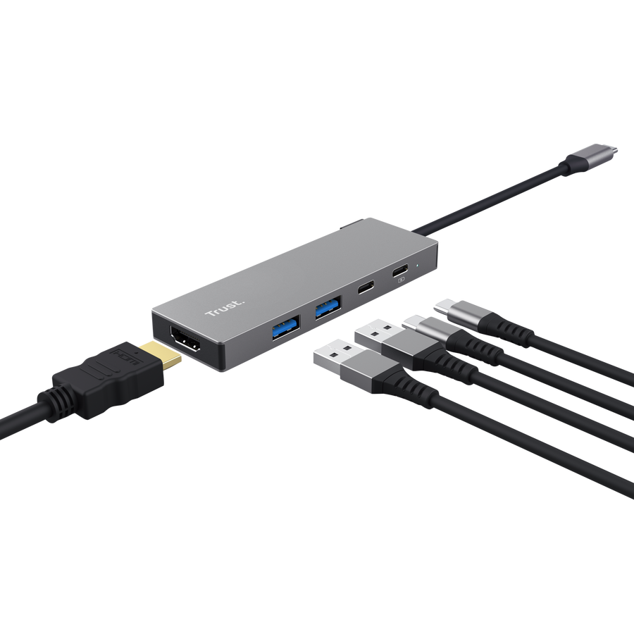 Szürke USB-C hub HDMI, USB-A és USB-C portokkal.