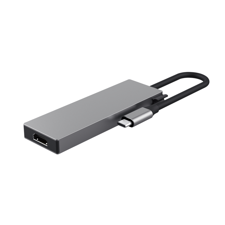 Szürke USB-C adapter HDMI és USB-C portokkal. Fekete kábel.