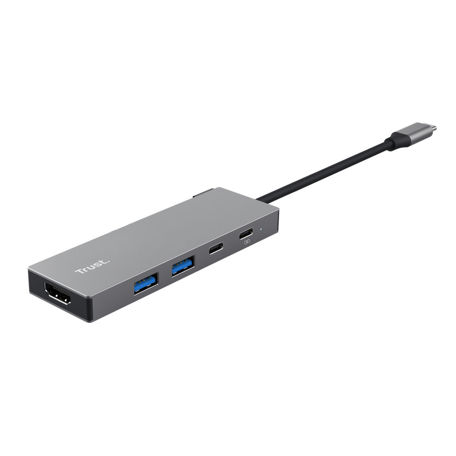 Szürke USB-C hub HDMI, USB-A, USB-C portokkal és kábellel.