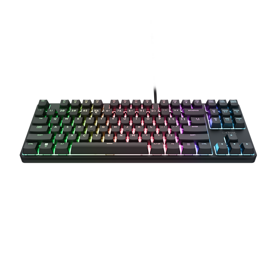 Egy fekete billentyűzet RGB világítással, fekete háttér előtt.