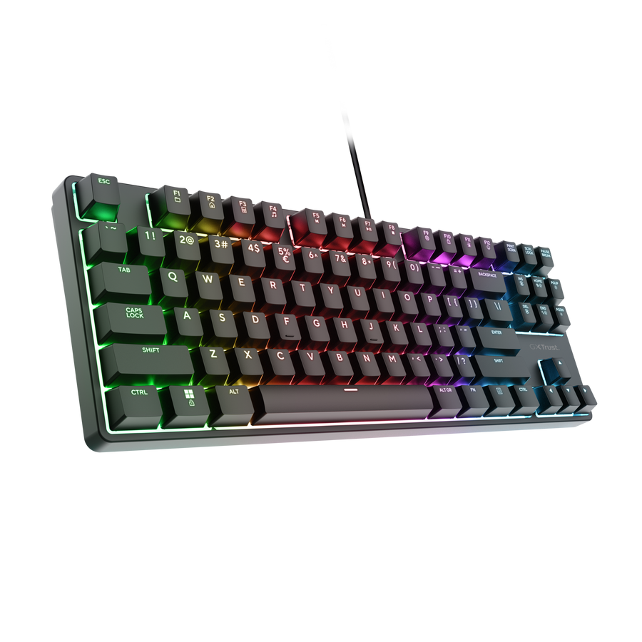 Egy fekete gamer billentyűzet RGB világítással, felülről balra, alulra jobbra döntve.