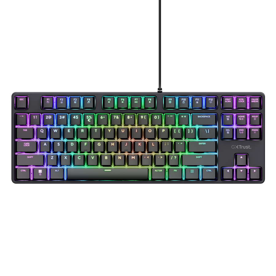 Egy fekete GXTrust gamer billentyűzet RGB háttérvilágítással. A gombok szivárvány színátmenettel világítanak.