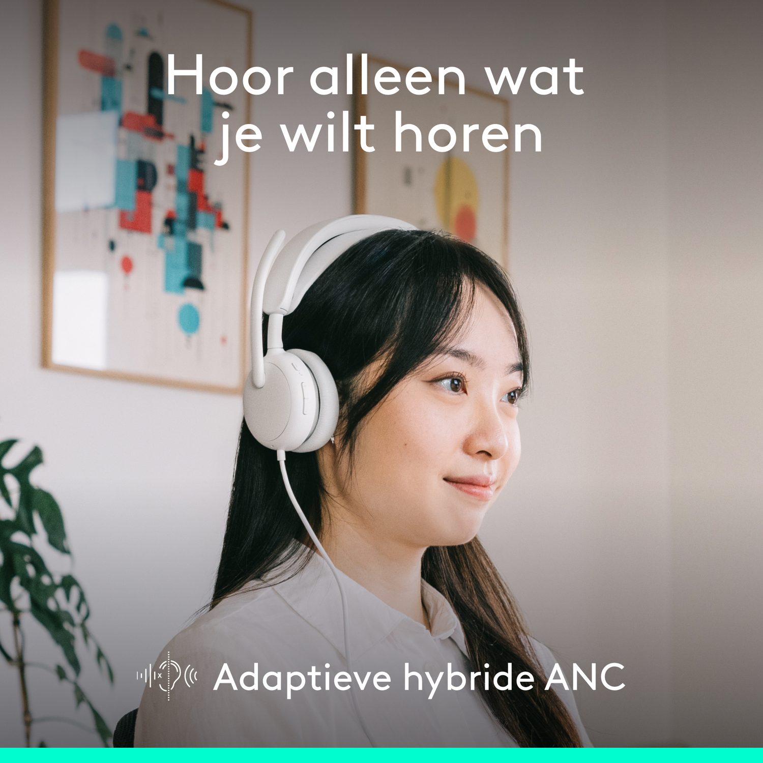 Young woman wearing white headphones, looking attentively to the right.