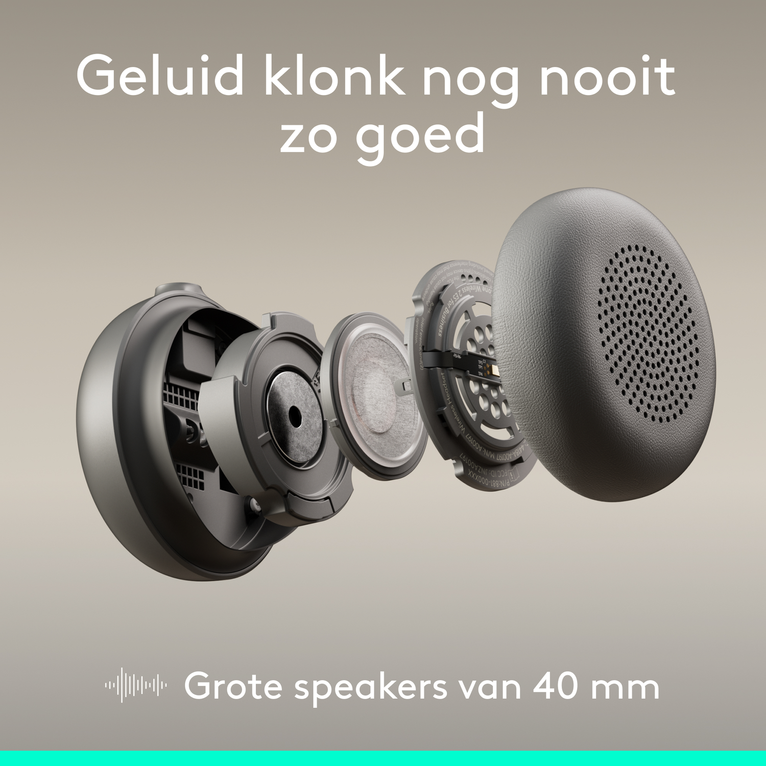 Exploded view of a headphone showing 40mm speakers.