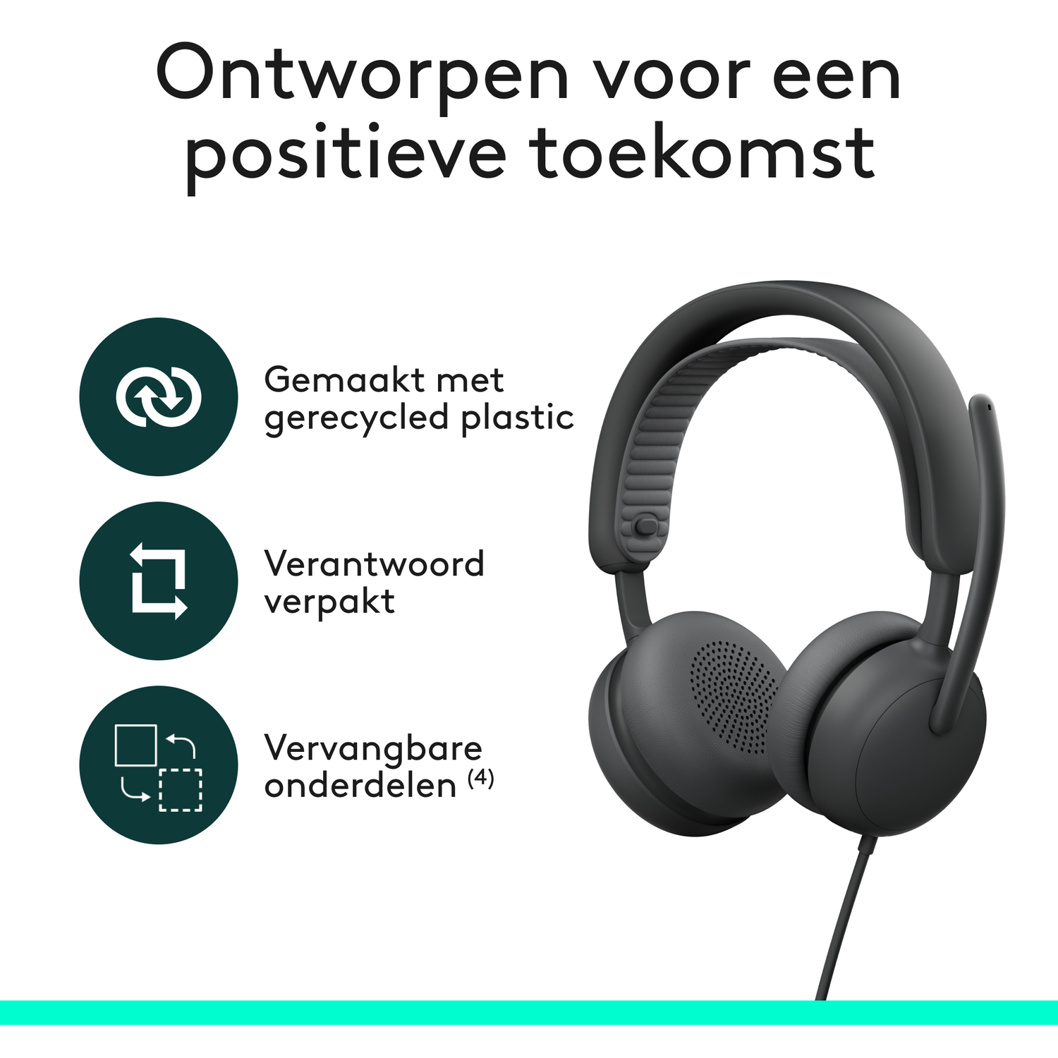 Black headphones made of recycled plastic, with sustainability icons.