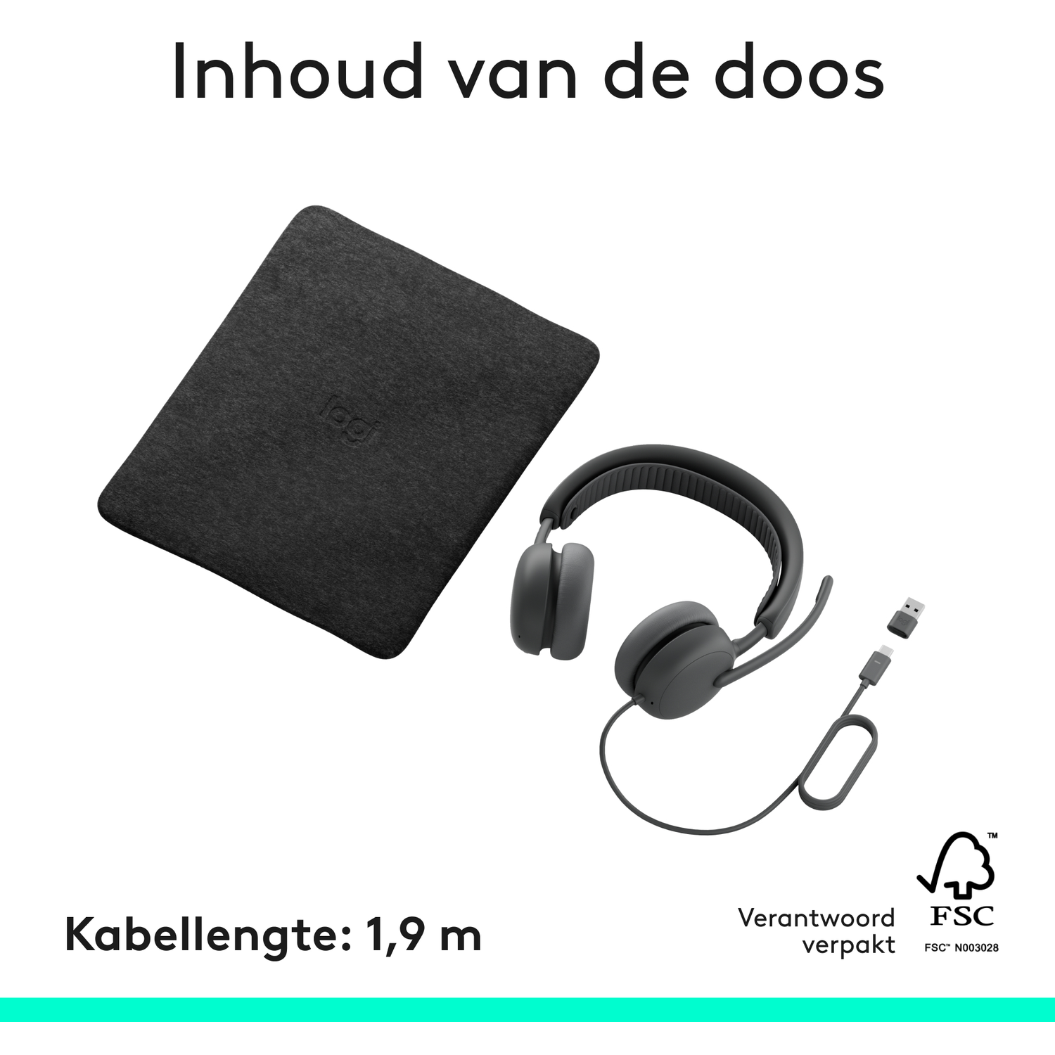 Gray pouch, headphones with mic, and cables. Text: Contents of the box.