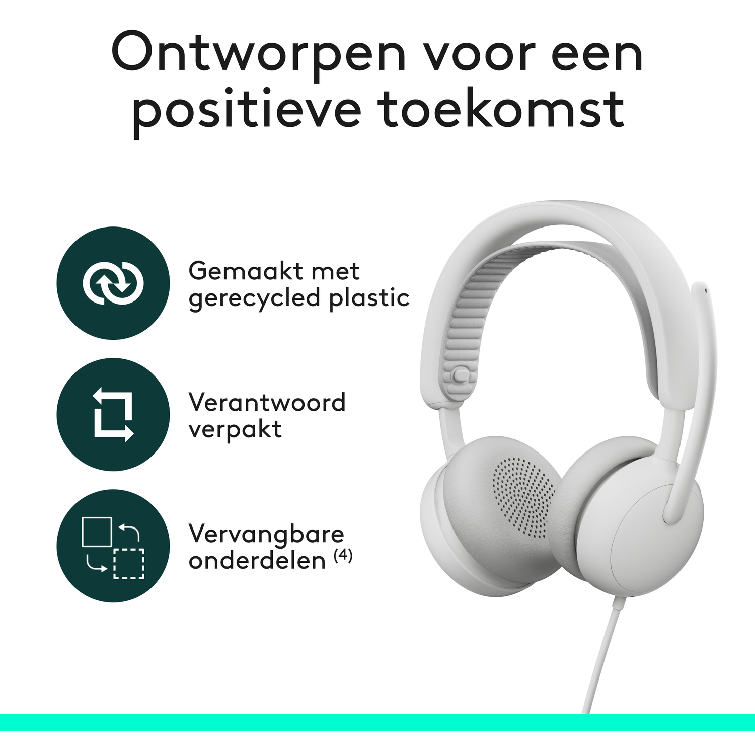 White headphones with icons for recycled plastic and responsible packaging.