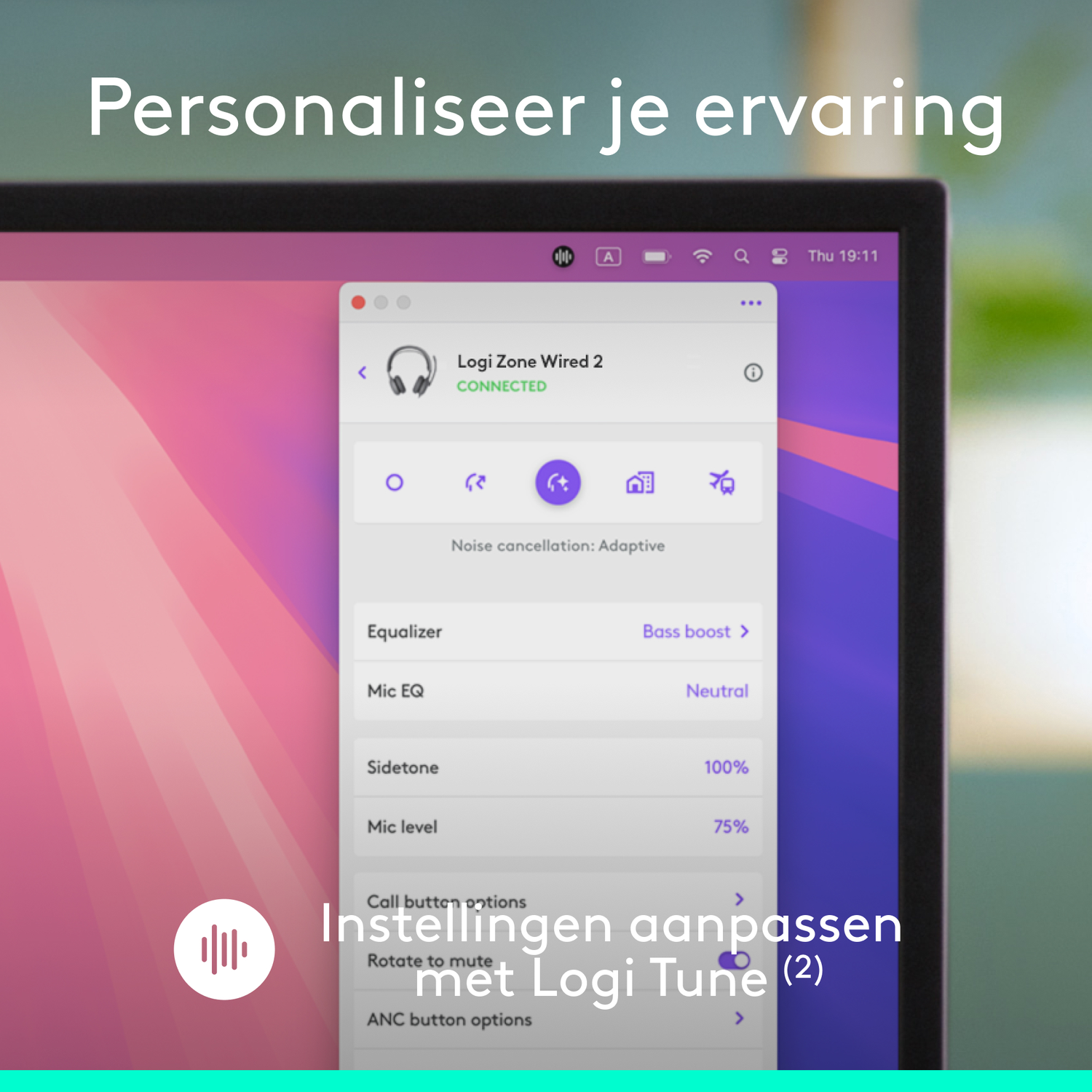 Logi Tune app on laptop shows settings for wireless headphones.