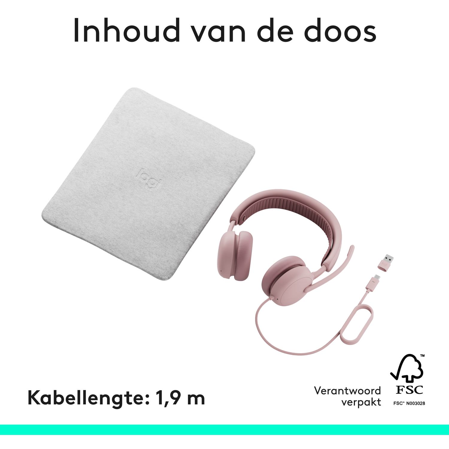 A pink headset with cable and a gray pouch on a white background.