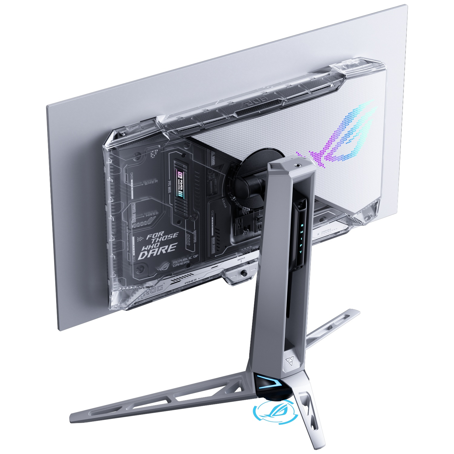 Back of a gaming monitor with transparent casing and ROG logo.