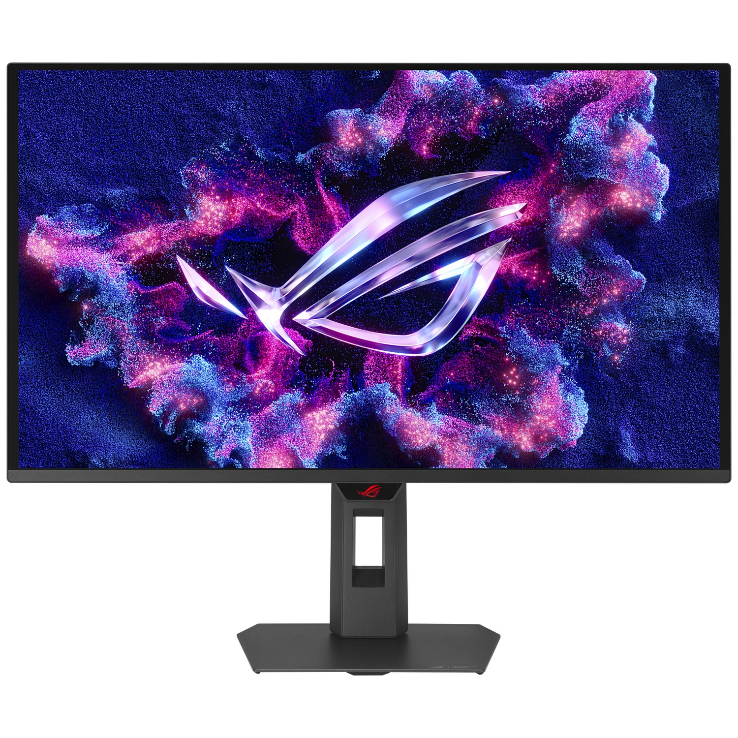 A gaming monitor displays a shiny ROG logo against a backdrop of purple and blue particles.