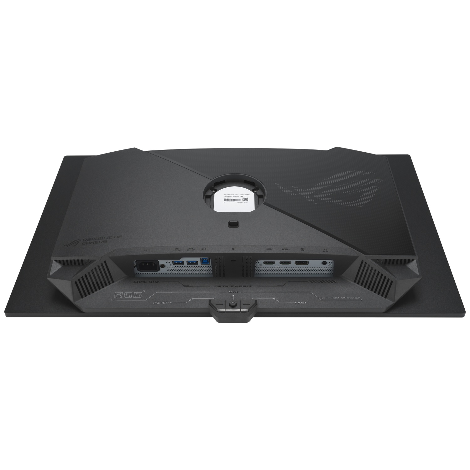 Back view of a black monitor with ports and ROG logo. Text reads "Republic of Gamers".