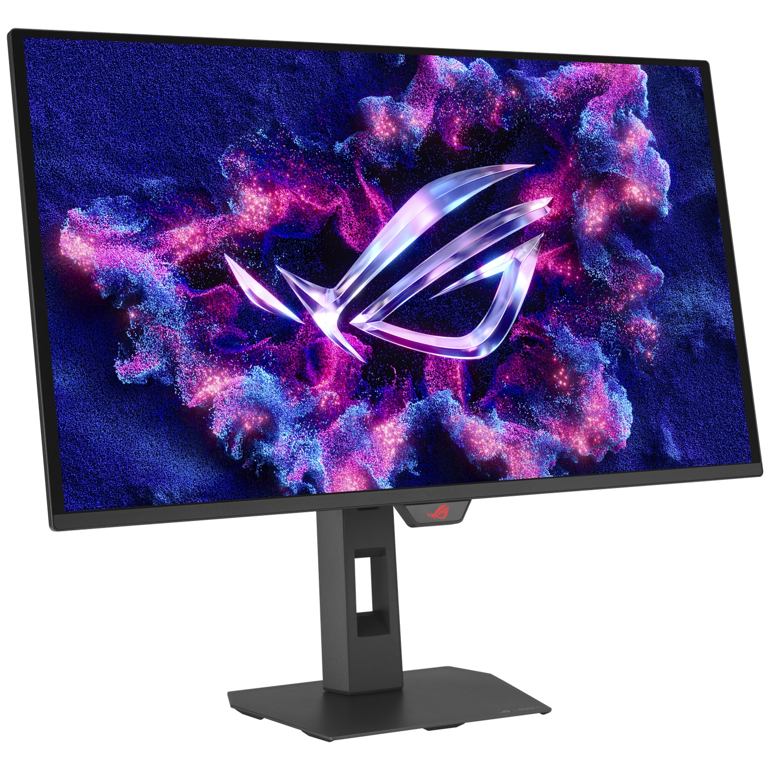 A gaming monitor displaying a stylized logo against a particle background.