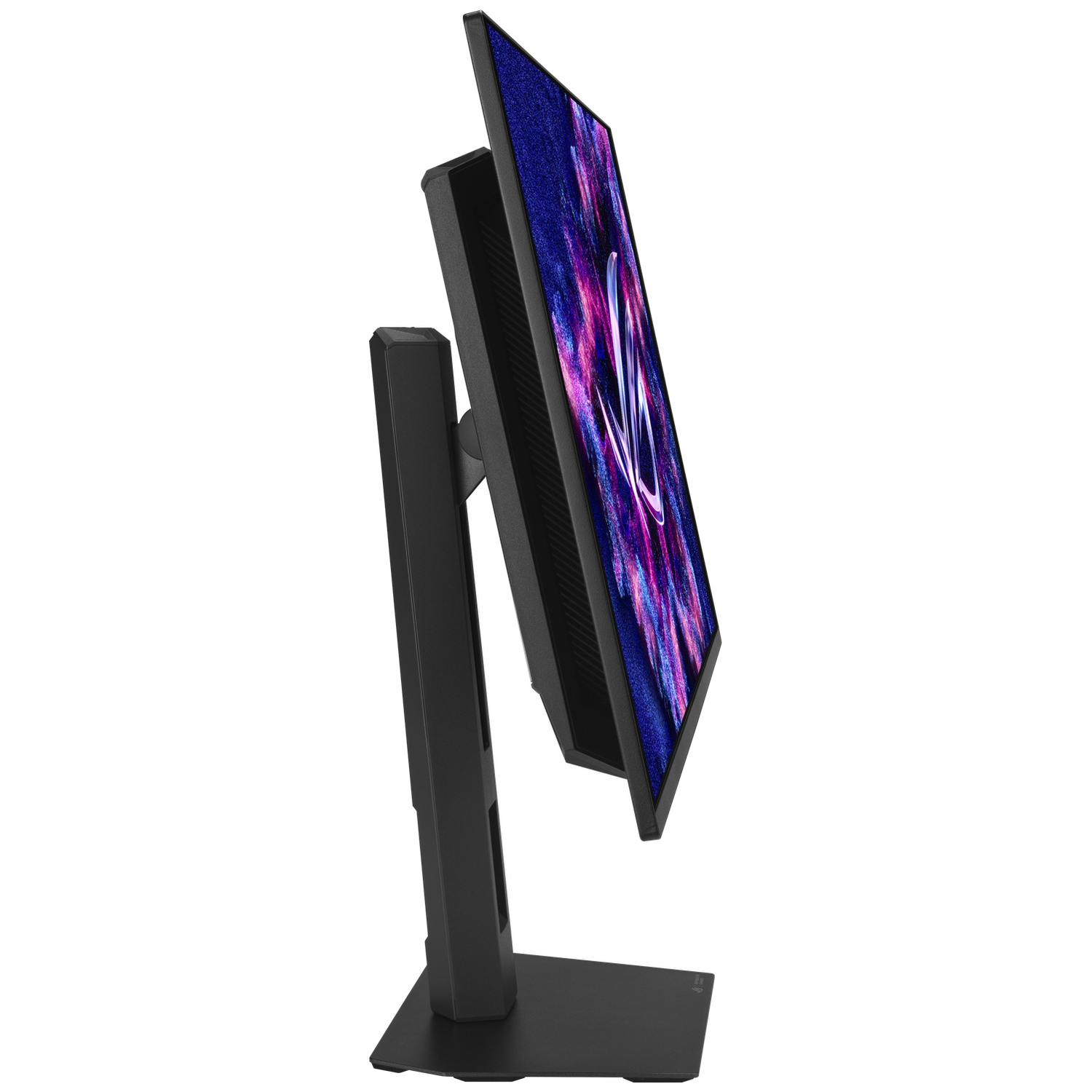 A black monitor sits on a stand, displaying a logo on its screen.