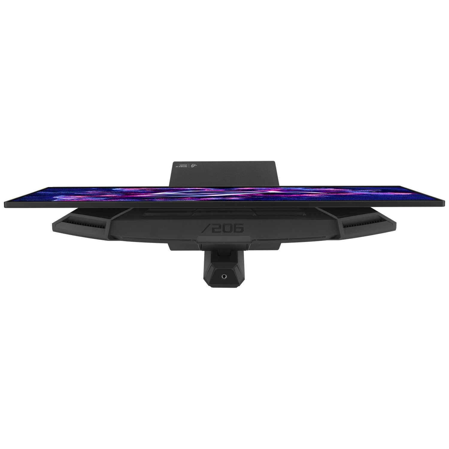A black monitor from above, with purple and blue screen content.