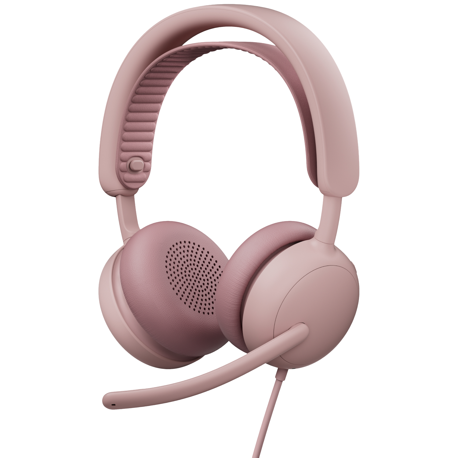 Pink headphones with a microphone, isolated on a white background.
