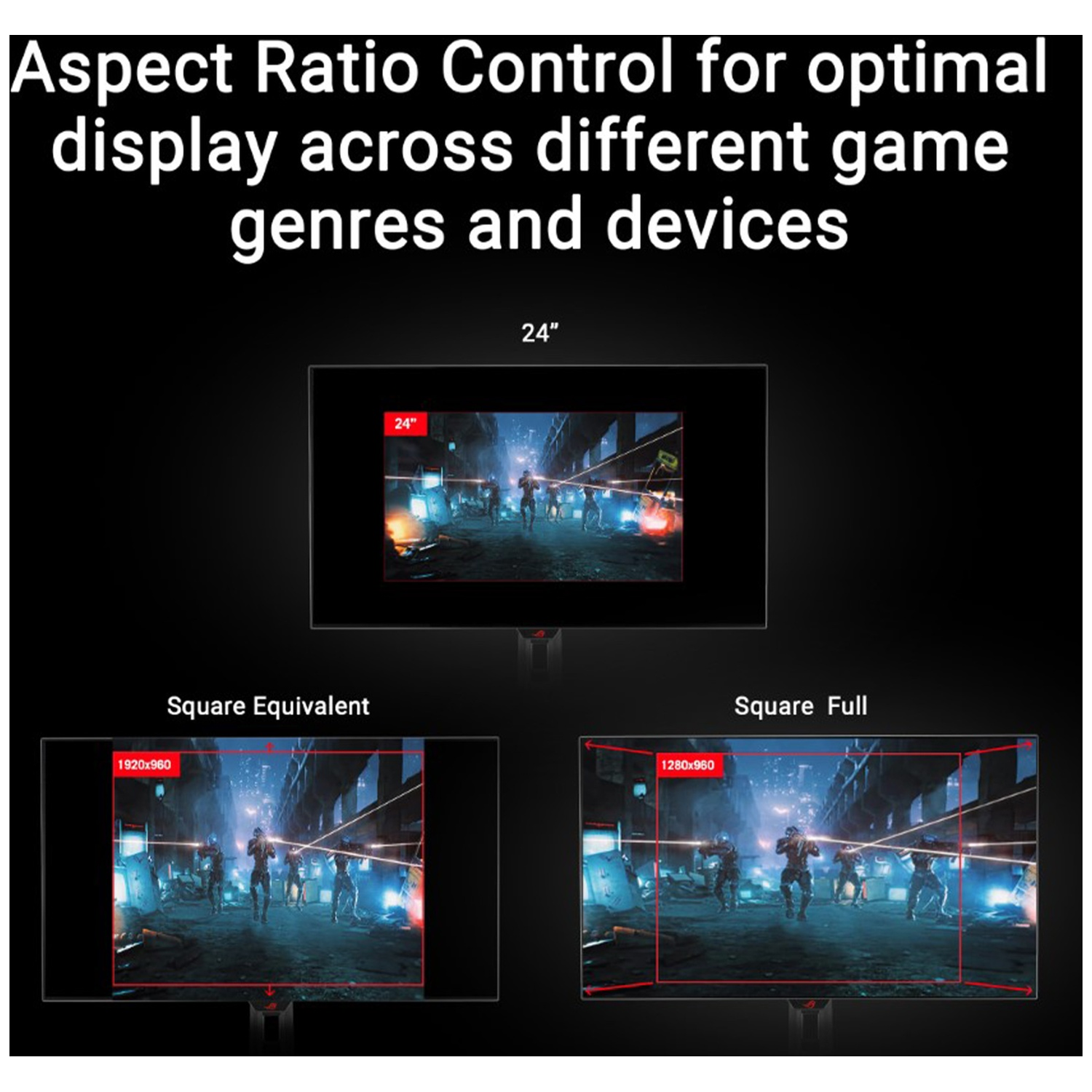 Display of game scenes on 24-inch screens at different resolutions.