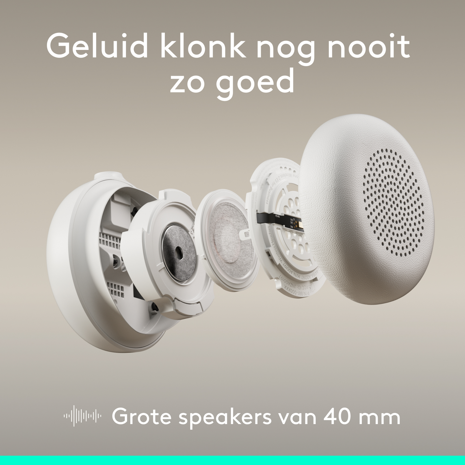 Exploded white headphone components show 40mm speakers. Text reads: 'Sound never sounded so good'.