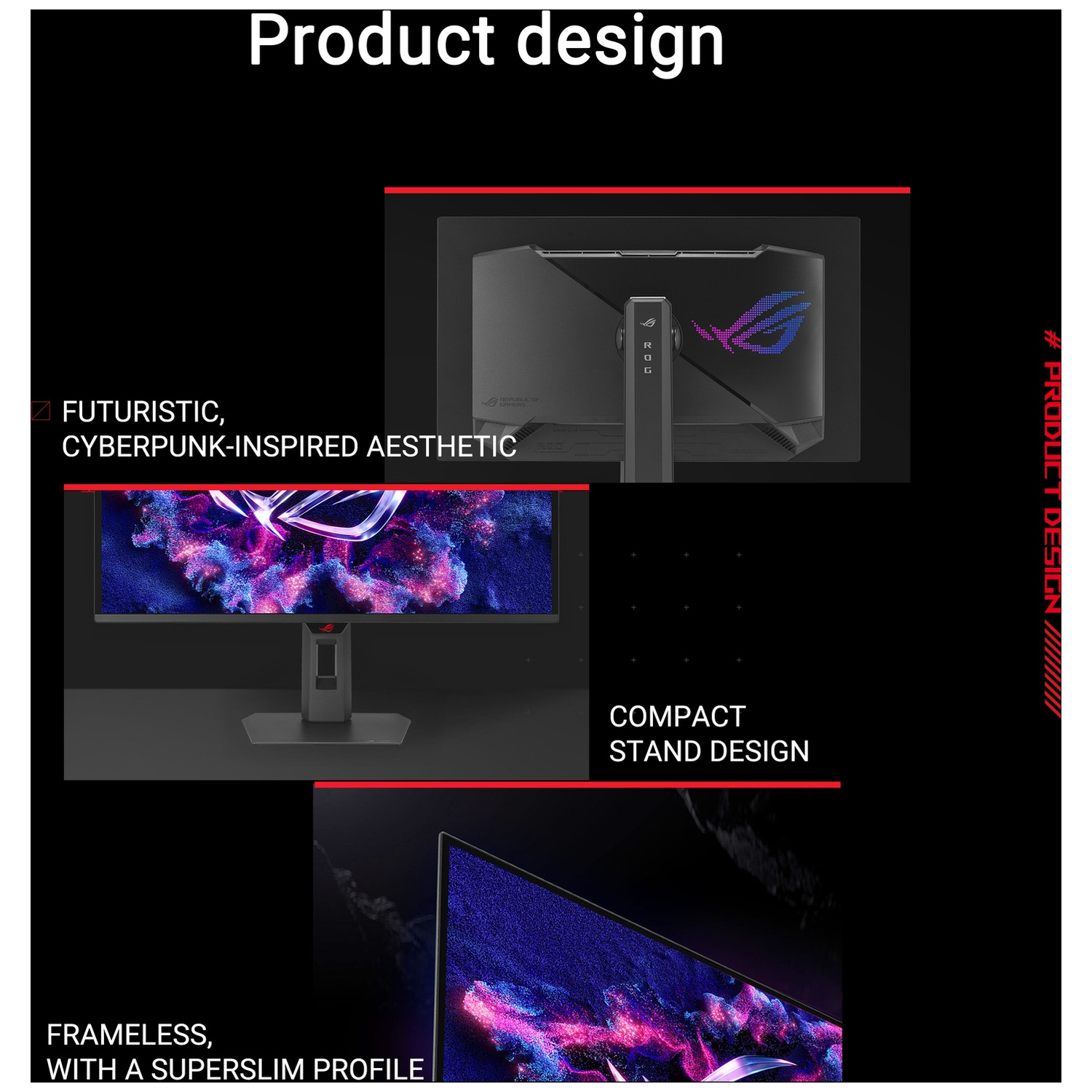 Product design: Futuristic, cyberpunk aesthetic, frameless monitor with compact stand.