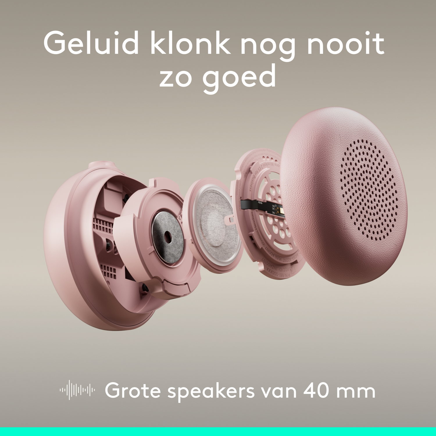 Exploded view of pink headphones showing 40mm speakers and text.