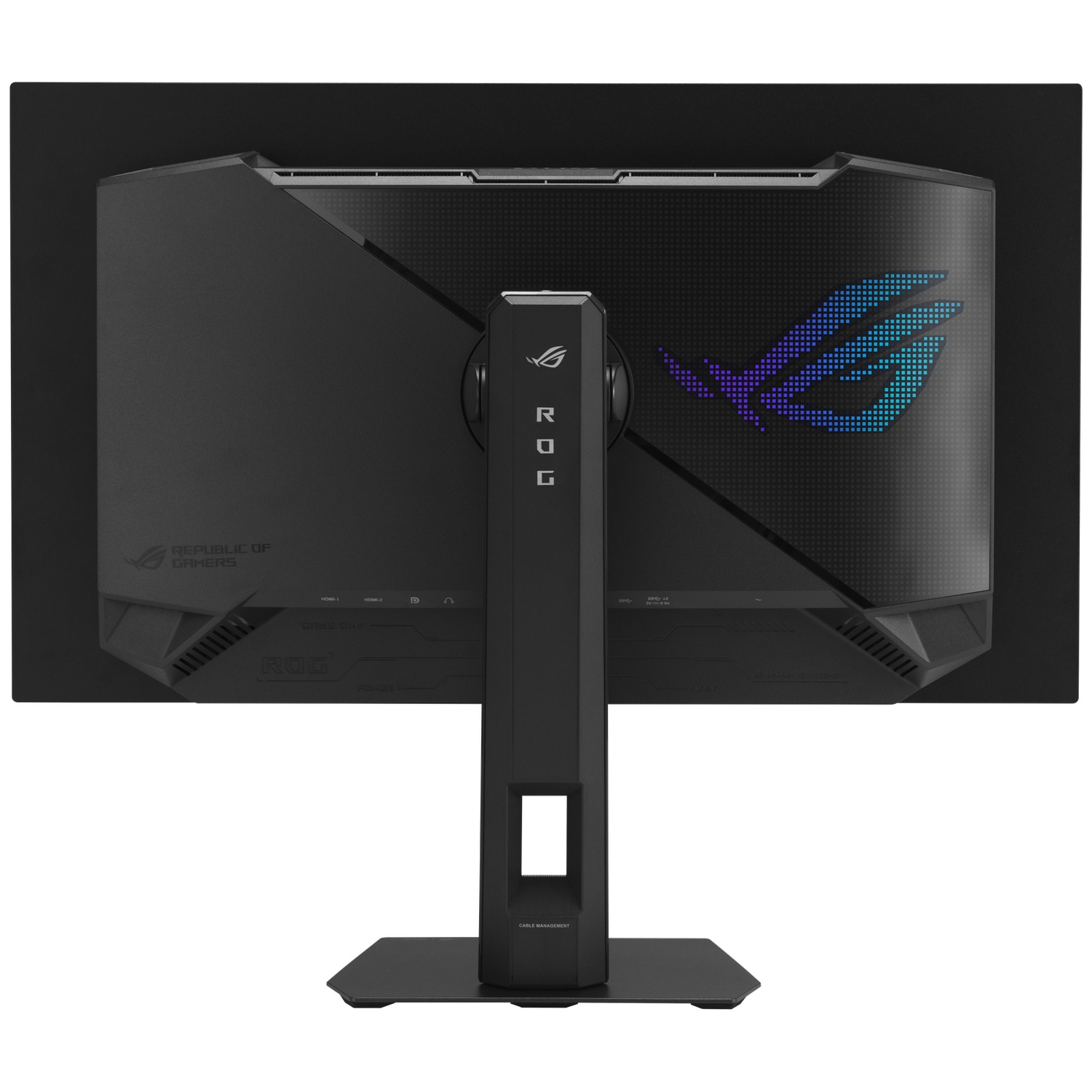 Back of a black monitor with ROG logo and ports.