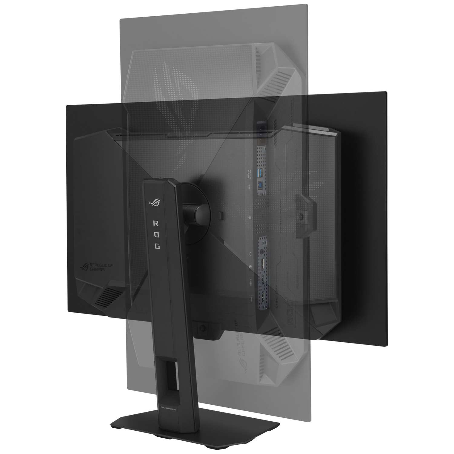 Rear view of a black monitor with a silver stand and ports.