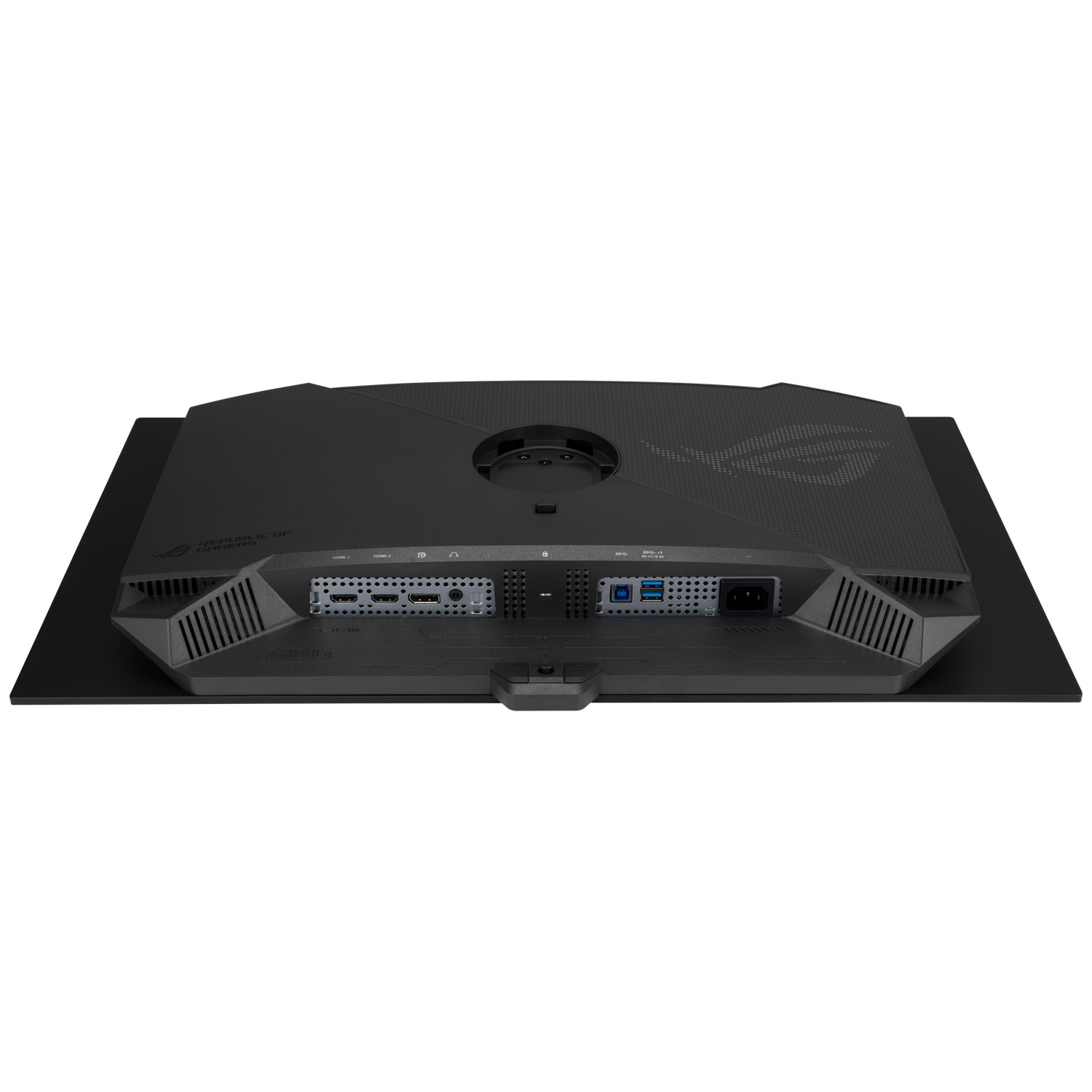 Back of a black monitor featuring ports like HDMI, USB, and power connection.