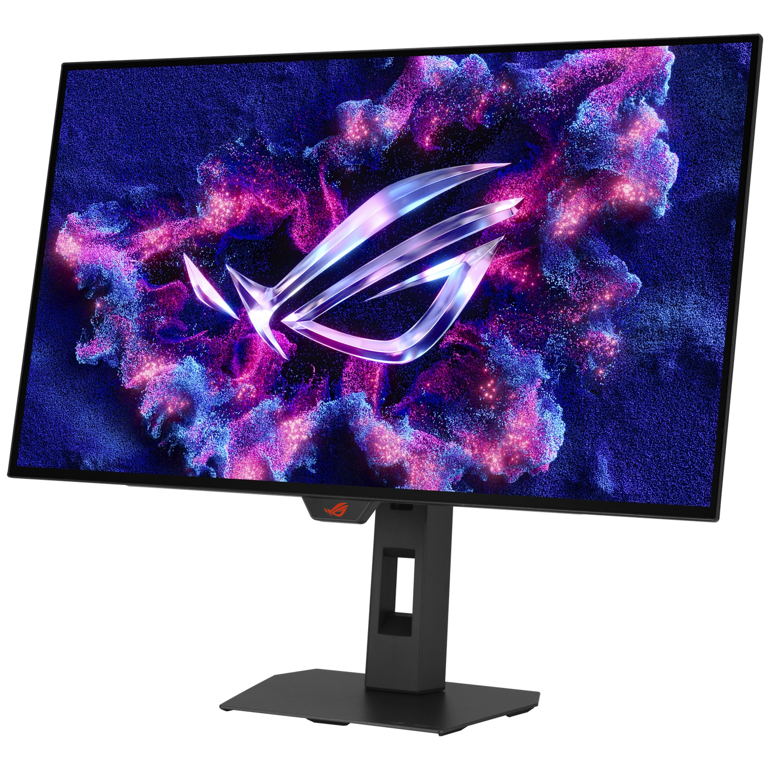 A gaming monitor displays a glowing logo against an abstract, colorful background.