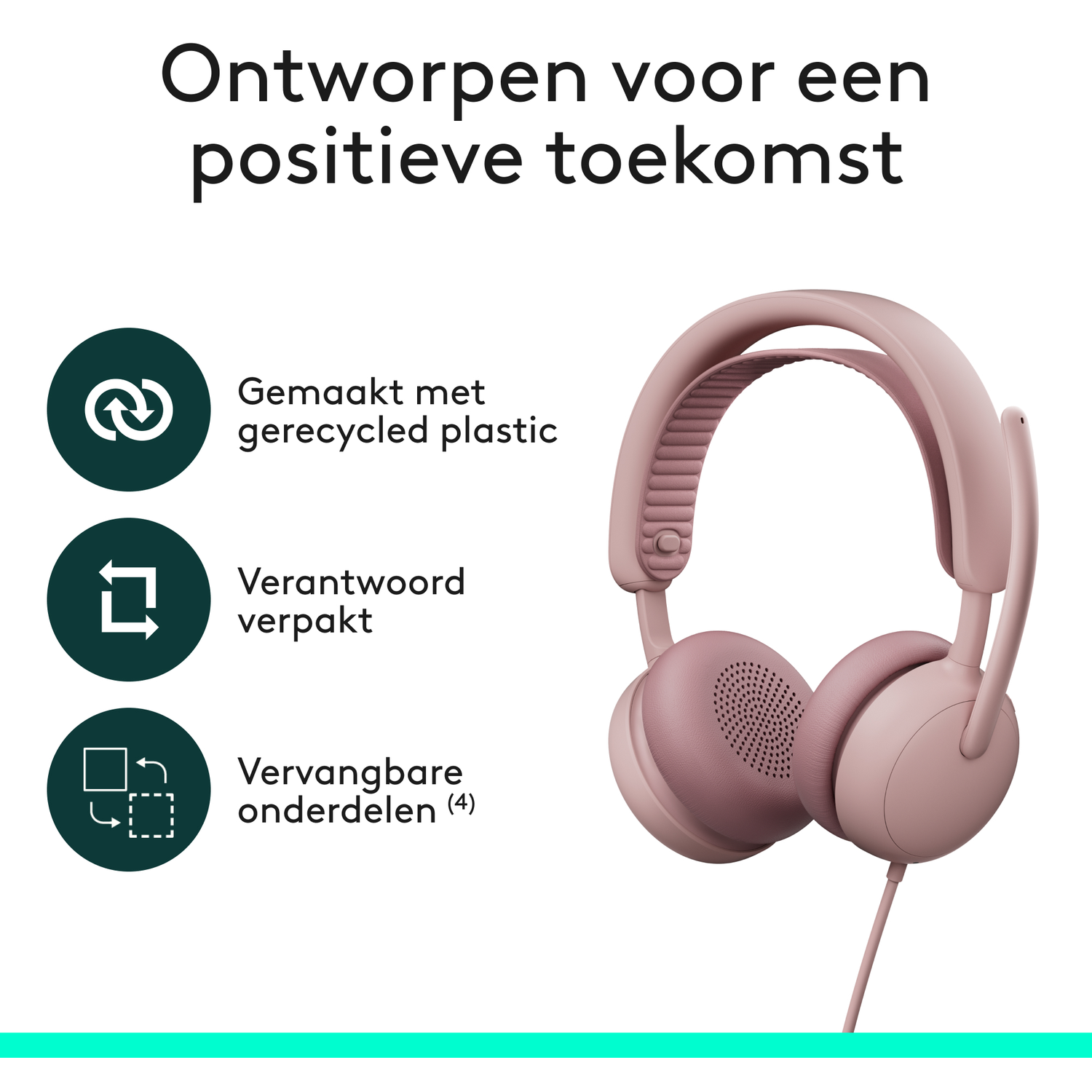 A pink headphone with three icons and text: recycled plastic, responsible packaging, replaceable parts.
