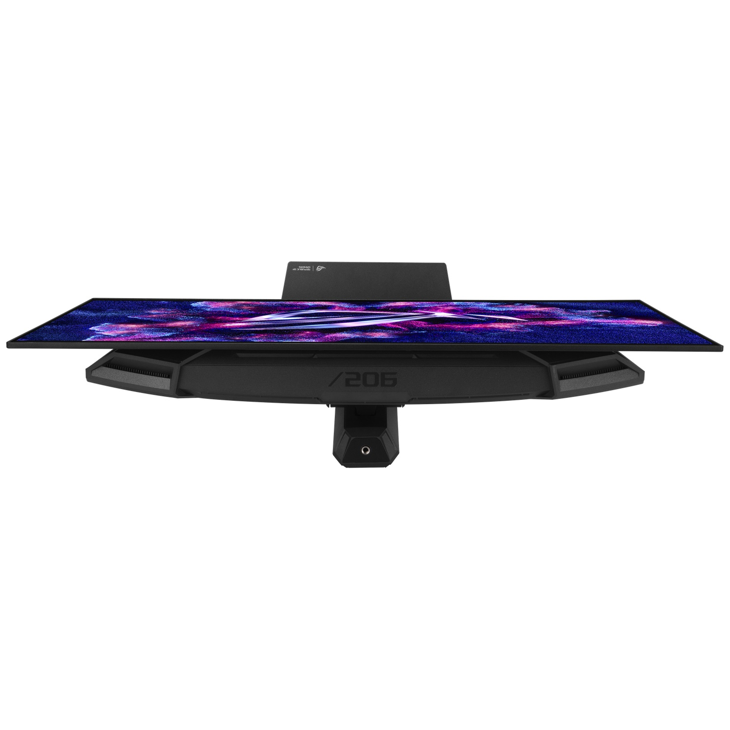 A black gaming monitor displaying an abstract, colorful wallpaper.