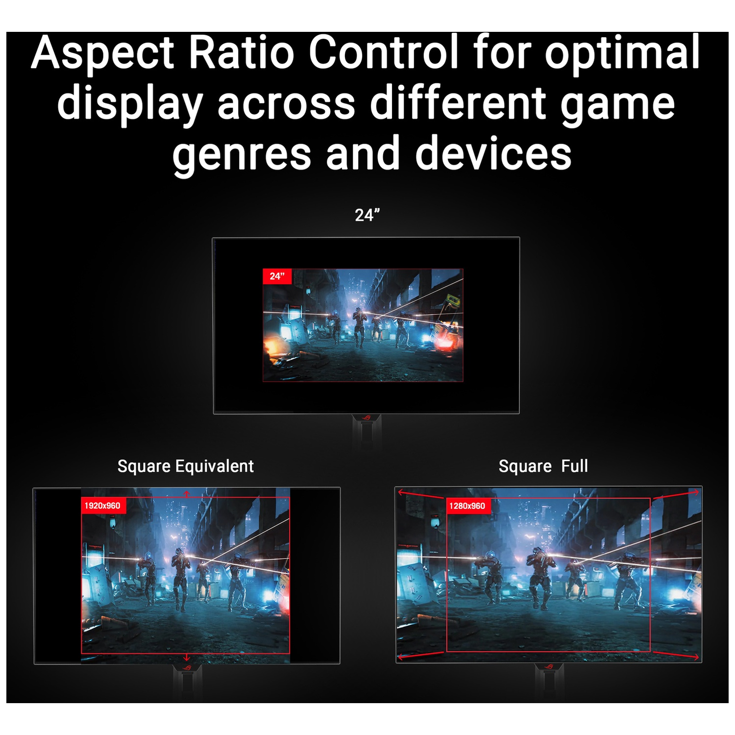 Display of 3 monitors showing different aspect ratios for games.