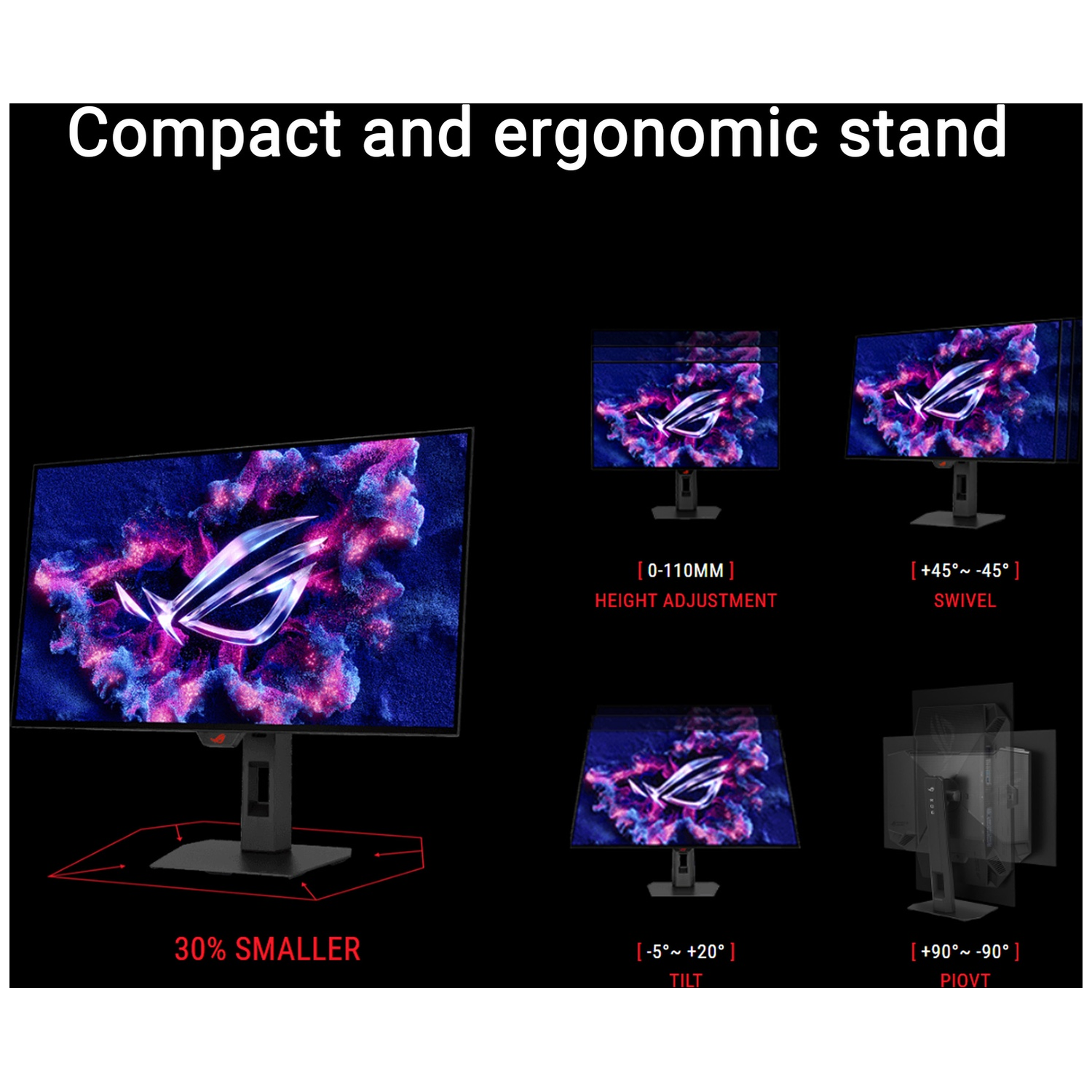 A monitor with ROG logo and adjustable stand is shown.