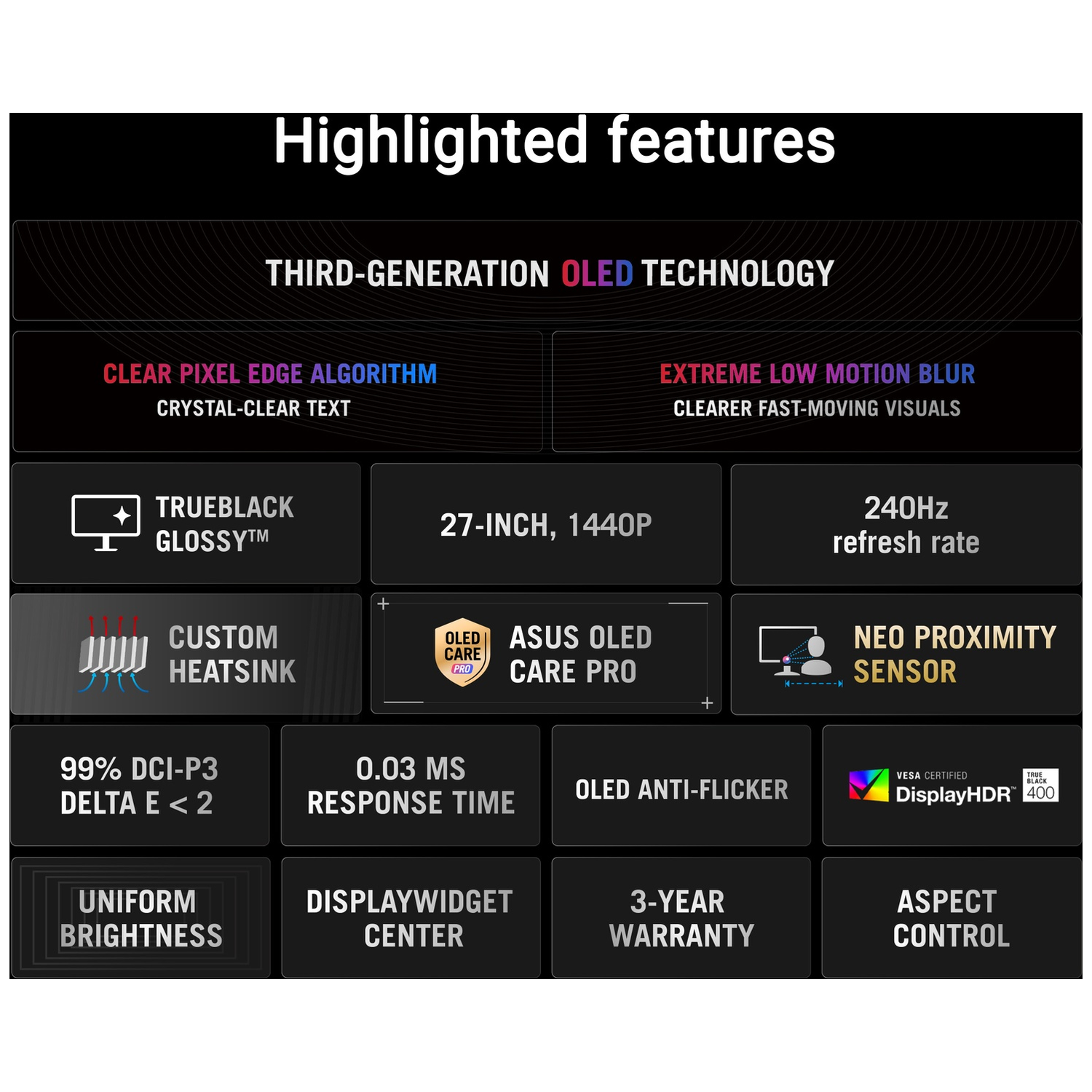 OLED tech with features like 27-inch, 1440P, 240Hz, sensor.