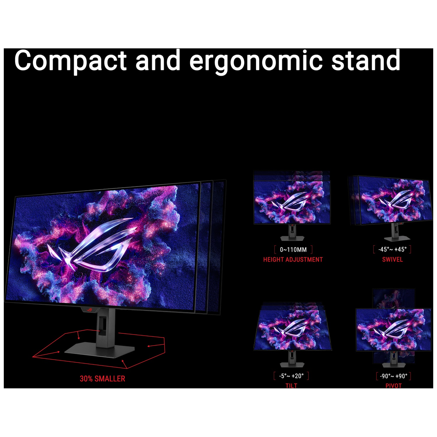 Monitor stand with adjustable height, swivel, tilt, and pivot functions.