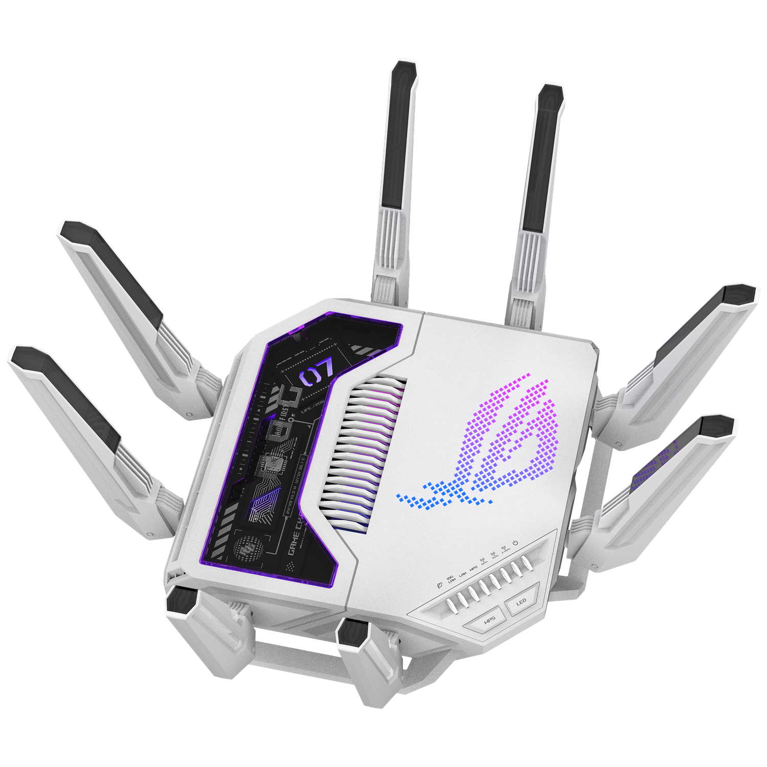 A white router with six antennas and RGB lighting. Displays '07'.