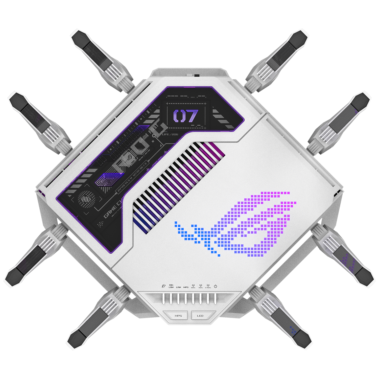 White router with eight antennas and purple-blue ROG logo.