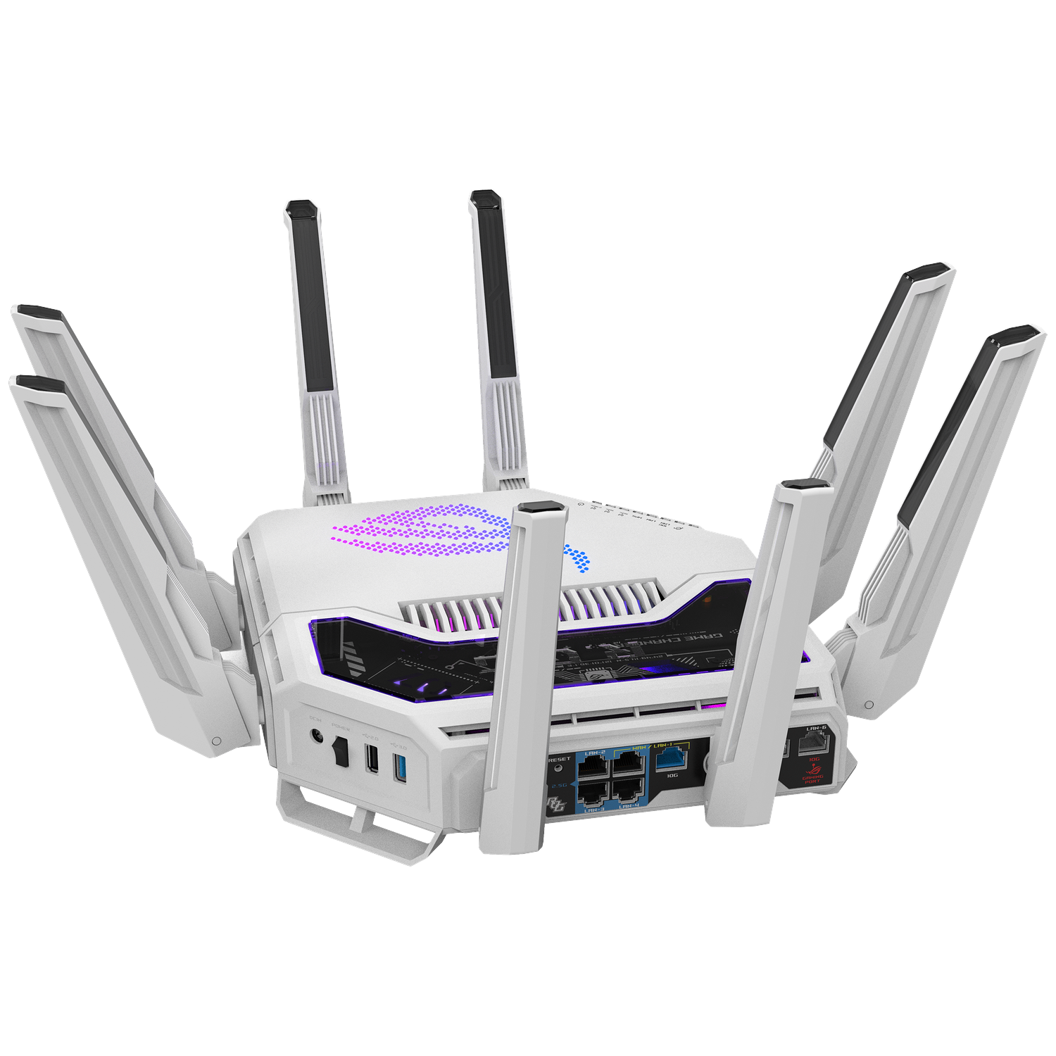White router with multiple antennas, RGB lighting, and ports on the back.
