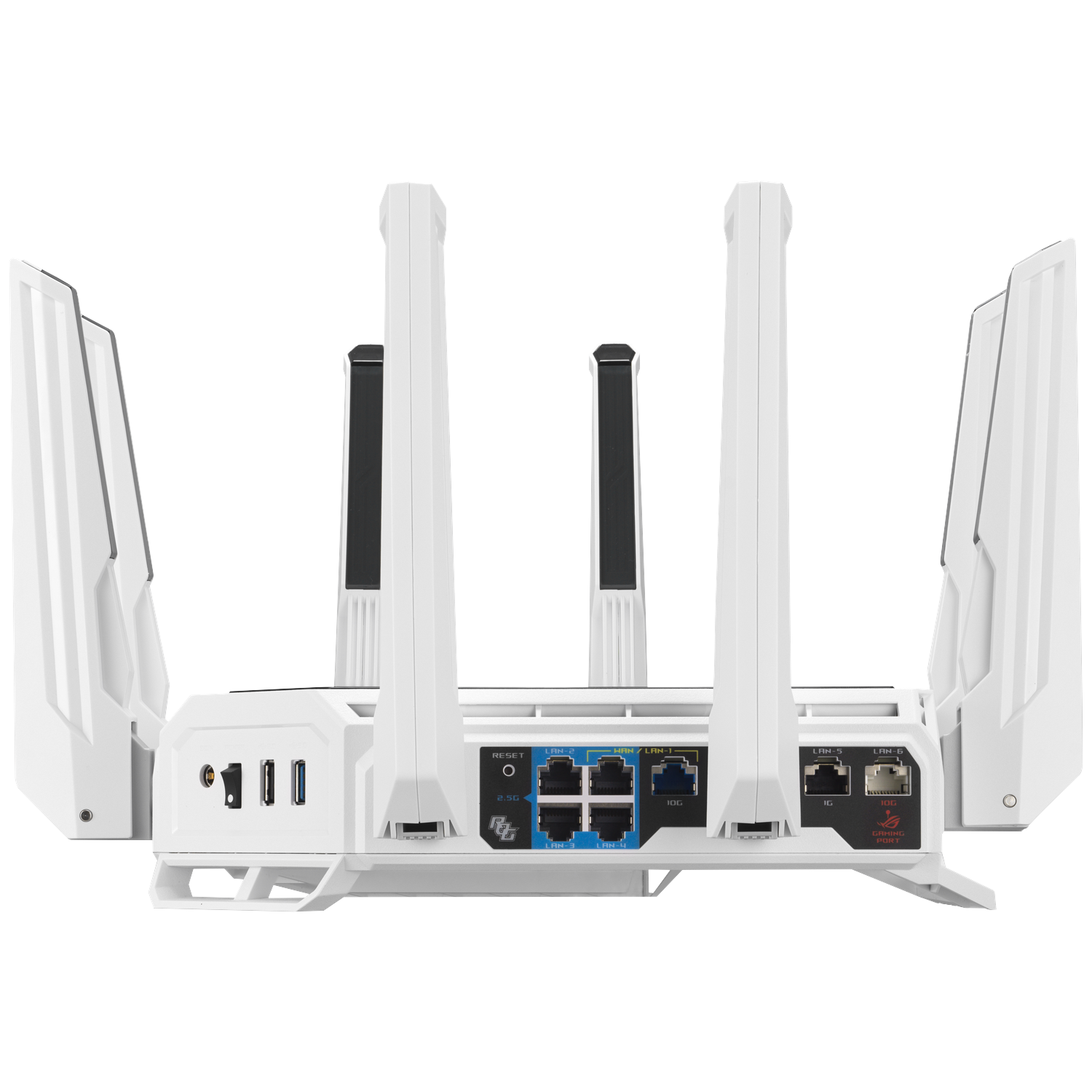 White router with four antennas and multiple LAN ports.