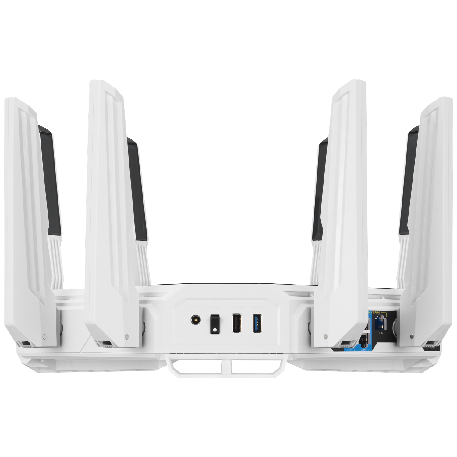 A white router with four antennas and multiple ports on the back.