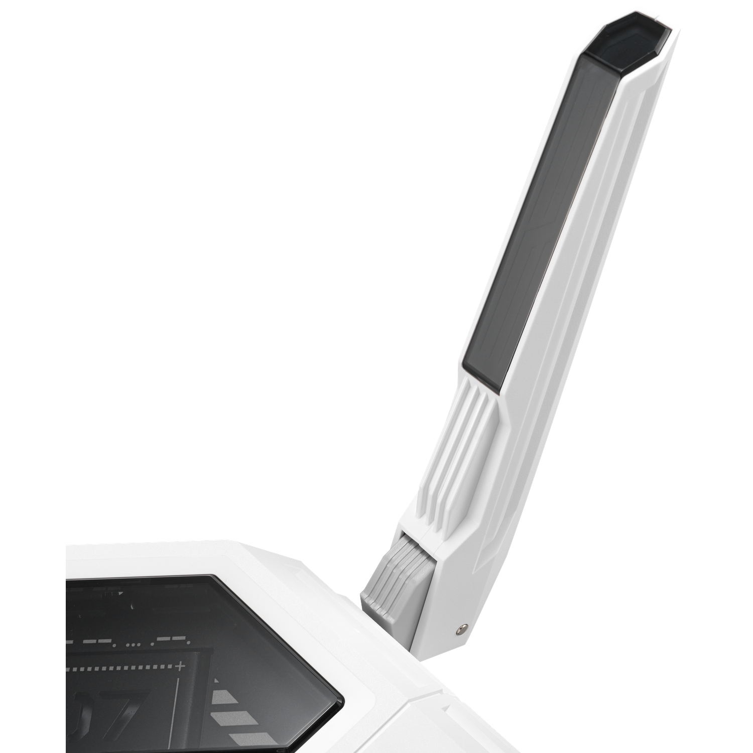 A white computer case part with a dark hexagonal top and a solar panel design.