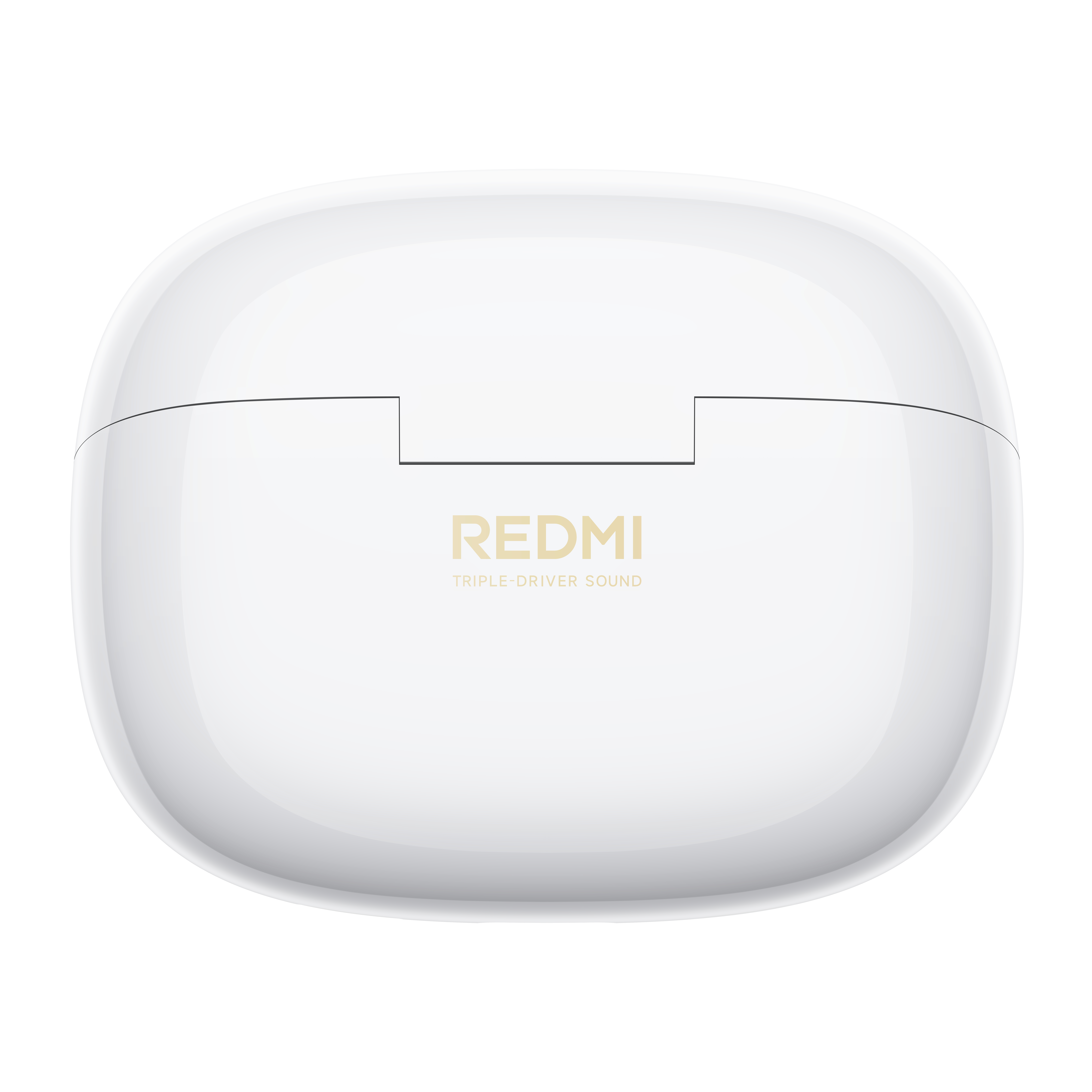 Weiße Ladehülle mit goldenem Redmi-Schriftzug und 'Triple-Driver Sound'.