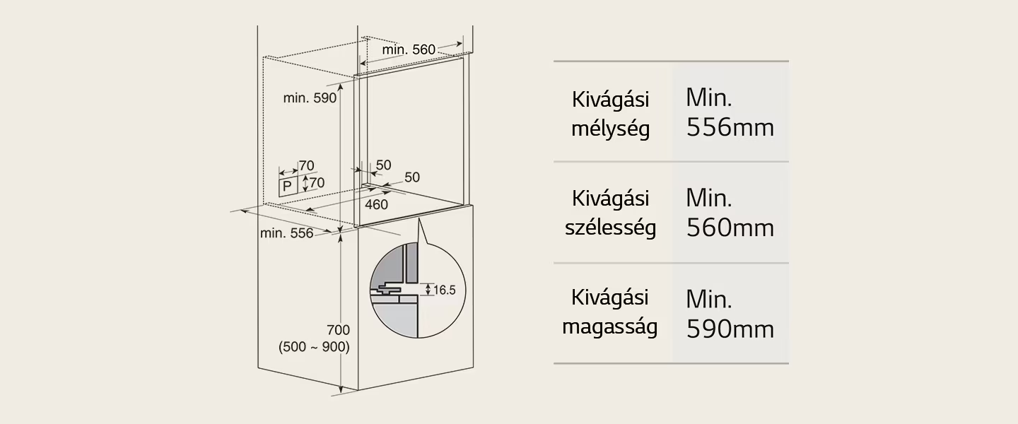 Beépítési rajz méretekkel: mélység min. 556mm, szélesség min. 560mm, magasság min. 590mm.