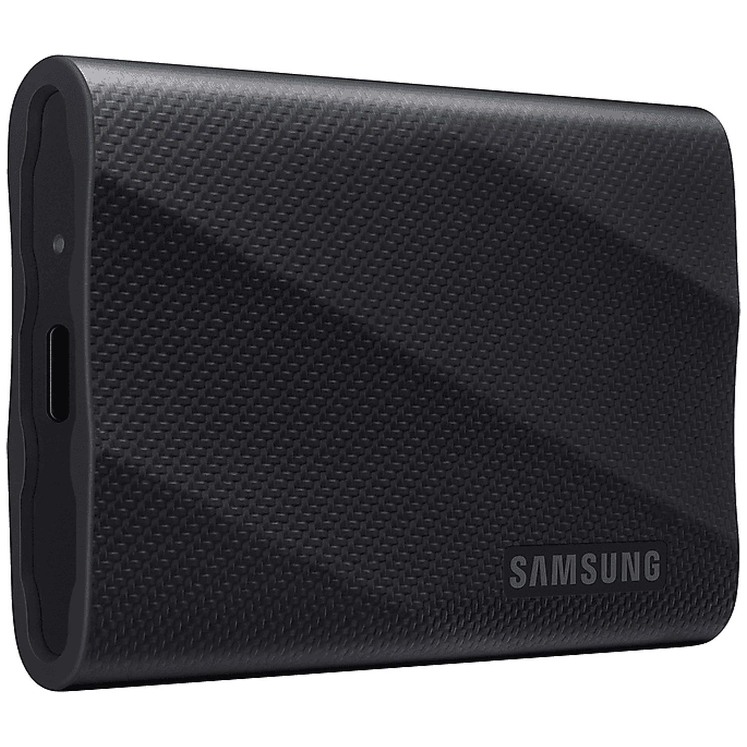 Black Samsung external hard drive with textured casing and USB-C port.