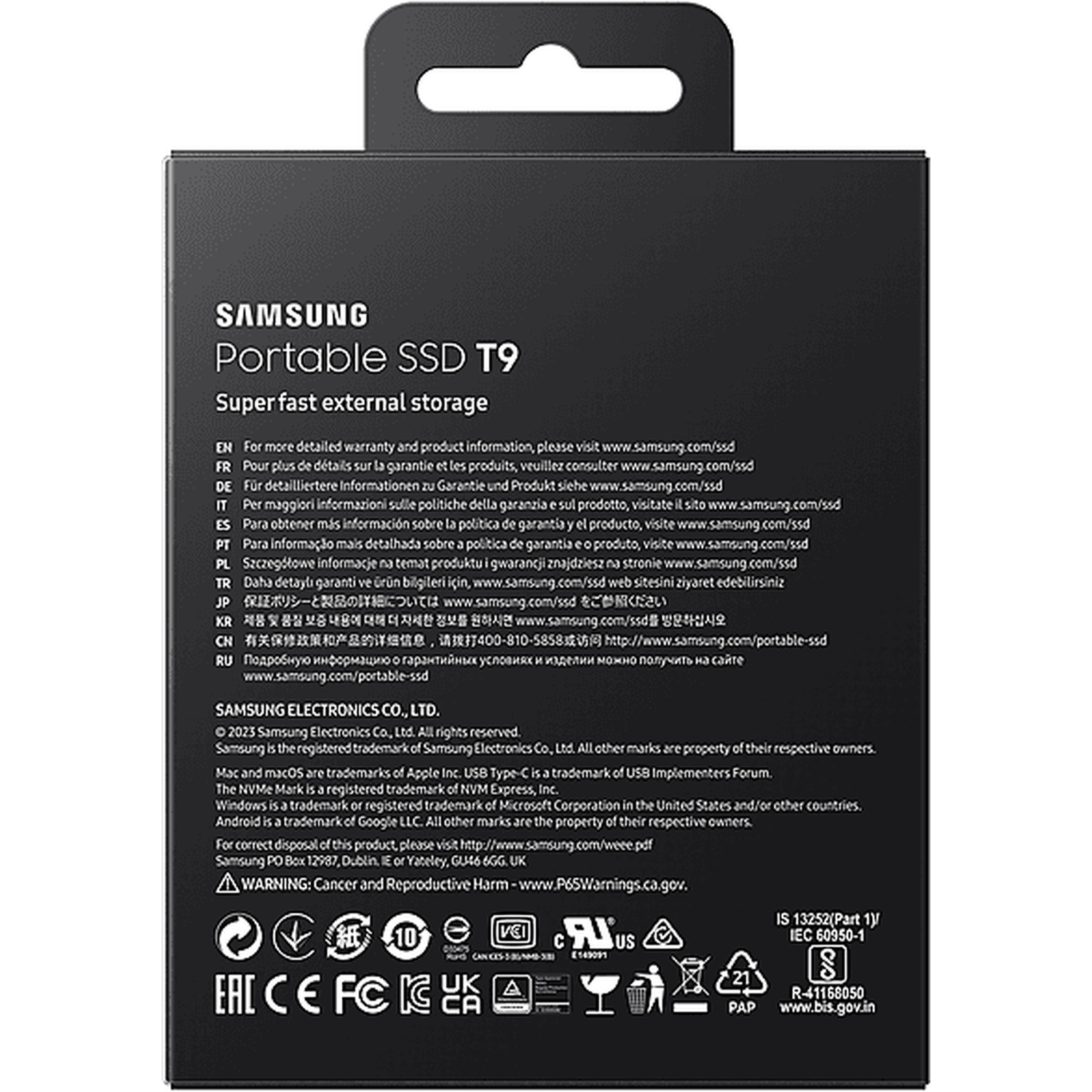 Samsung SSD T9 portable external storage box with multilingual warranty info and logos.