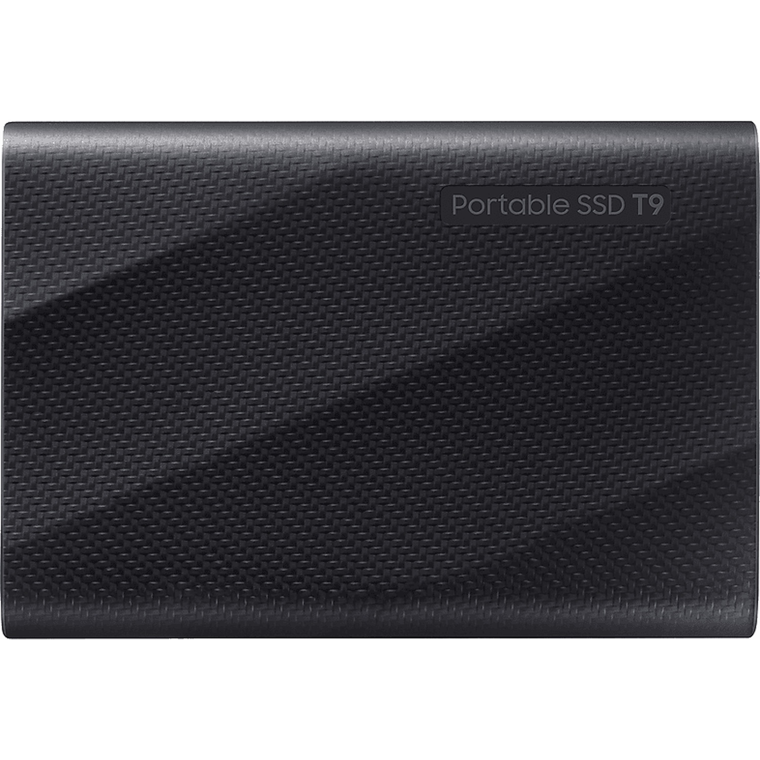 Black portable SSD T9 with textured pattern and reflective surface.